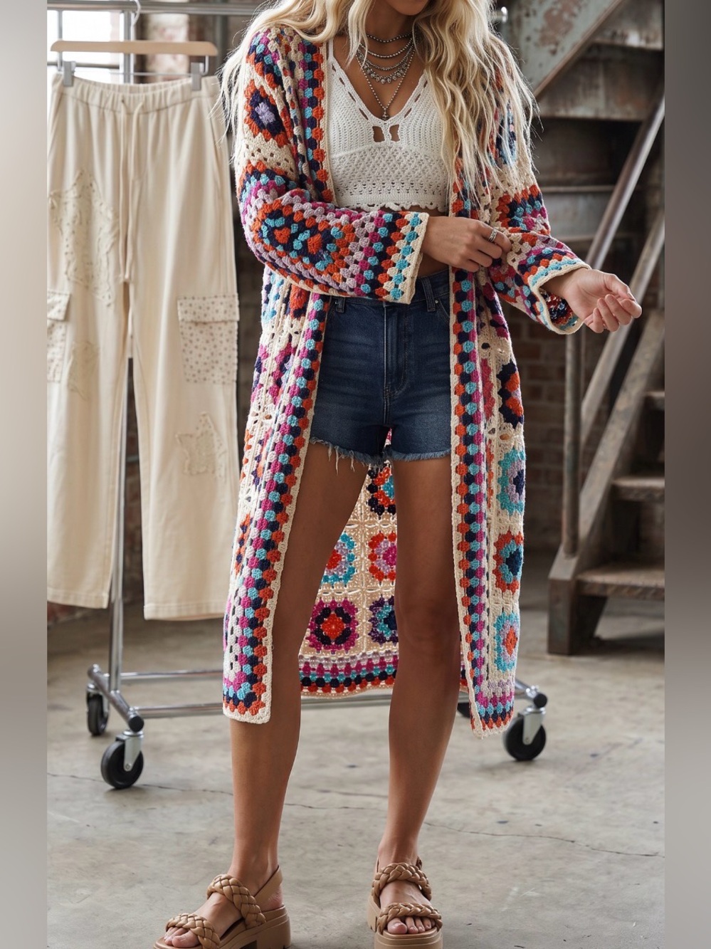 NWT POL Granny Tile Crochet Multi Colored Knit Long Duster Cardigan Sweater - Picture 4 of 8